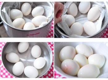 step3: 鋪在電鍋底層，將雞蛋擺置好，按下電源直至跳起後翻面悶約1~2分鐘，將雞蛋移至冷水中浸泡變冷再剝殼