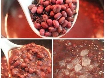 step1: 用湯鍋將水煮沸後, 加入洗淨的紅豆與紫米, 蓋上鍋蓋後, 泡2小時