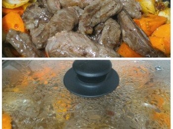 step2: 爆香薑和蒜頭後下洋蔥、甘荀、牛肋條和辣豆瓣醬一起炒香。倒入可樂、蠔油和生抽，煮沸後蓋上蓋子慢火燜煮約90分鐘。