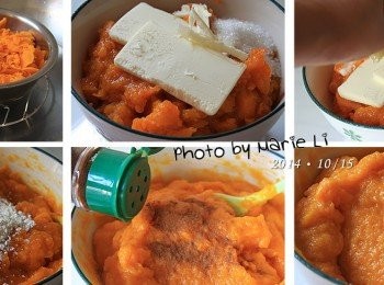step1: 製作《南瓜餡料》：

先將南瓜蒸熟後壓成泥狀
趁熱加進奶油、細砂糖一起拌勻
待冷卻些之後再加入玉米粉
把粉末拌進南瓜泥中直到均勻不見粉粒
再加進一點肉桂粉
會讓南瓜派的味道更香醇。