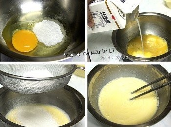 step1: 先將雞蛋和細砂糖混合攪拌均勻
再加入鮮奶混合拌勻
然後把低筋麵粉用篩網直接篩進去
一起快速拌勻至無粉粒即可