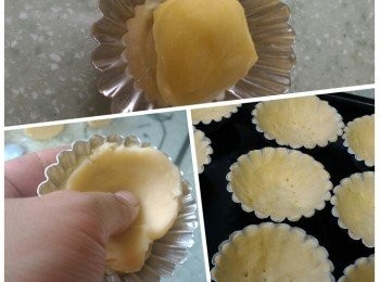 step3: 取出麵團分割成16份，放入一份麵團在已掃油的撻模內，壓好底部然後由中間底部向外推及平均壓在撻模的周邊。用义在撻皮上刺幾個小洞後冷藏至硬。