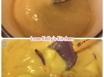 step4: 另外再熱好油鑊，爆香紅洋蔥先盛起，再放入薯仔和紅蘿蔔炒一陣再加入少許水(50ml)蓋上蓋中細火煮15分鐘，然後盛起備用；