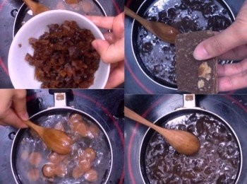 step4: 把浸好的山渣片連水倒入小鍋，加入梅肉碎，開小火邊拌邊壓邊煮至山渣片溶化
把片糖加入山渣梅醬煮溶和煮至稠身