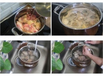 step2: 豬腳以冷水汆燙方式，
由冷水慢慢加熱至滾ˊ去除血水雜質，
然後確實沖洗乾淨ˊ豬腳皮上如尚有雜毛要拔除，
厚腳皮層也刮乾淨備用。