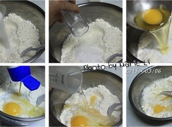 step2: 先將所有粉類混合在工作鋼盆中
加入一顆雞蛋、煉乳、水一起快速拌勻
最後再倒進液態的奶油下去仔細拌勻即可

所有<span class="group_1">食材</span>快速地攪拌成麵糊狀
避免過度攪拌，麵粉產生筋性會影響口感
拌勻後的麵糊滴落下來會有明顯的摺痕

拌勻後的麵糊用保鮮膜覆蓋起來
整鍋放進冰箱裡冷藏一晚
這樣可以使麵糊慢慢發酵起泡
做出來的口感才會比較好吃唷！！