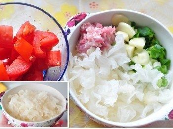 step2: 備料:取出1/4朵銀耳稍稍沖洗後，用手撕成一小小朵，準備蕃茄塊、絞肉、蒜片、蔥花等