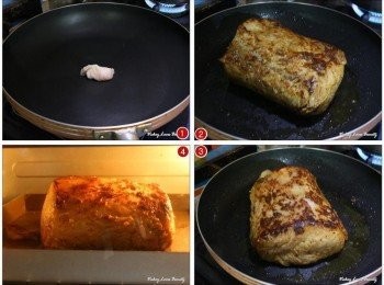 step3: 利用豬里肌肉上層的少許白油起一平底煎鍋，將整塊豬里肌煎至表面微焦且均勻上色後，再放在烤盤內； 以烤箱上下火溫度約200度C烘烤約40~50分鐘。為了使整塊豬里肌可以完全熟透，建議每隔１０分鐘要將豬里肌翻面一下（烤箱需事前預熱）