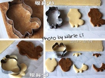 step5: 先用《模具-A》在兩個顏色的麵糰上
各壓出一個松鼠的全身形狀

接著用《模具-B》在
先前壓出來的松鼠身形中
壓出松鼠的臉蛋來