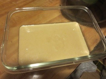 step6: 倒入蛋糕糊,为了方便脱模，可以在模具内垫一层油纸，或在模具内部抹上薄薄一层油。让其静置10分钟 (这样蛋糕做出来就更细腻)