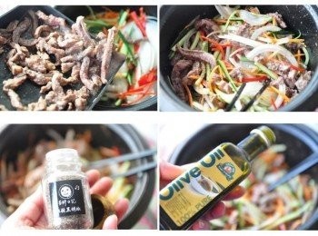 step4: 接著將稍涼的牛肉與所有<span class="group_1">食材</span>放入鍋中，再加入適量的粗粒黑胡椒與橄欖油均勻攪拌調味