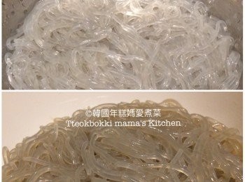 step3: 煲水（跟據包裝指示）將韓國粉絲煮大約6分鐘至諗身後，倒去滾水後把粉絲沖冷水後瀝乾一會，把粉絲放入碗內加入<span class="group_2">粉絲調味</span>材料拌勻備用。