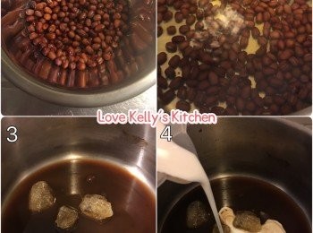 step1: 紅豆浸過夜用水煲至淋身，然後豆同水分開備用；
紅豆水、冰糖和椰漿煮至冰糖溶曬；