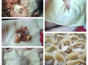 step2: 將料放在雲吞皮中央，圍邊塗點太白粉水，然後對摺，再反向後面，再用太白粉水將兩邊黏住