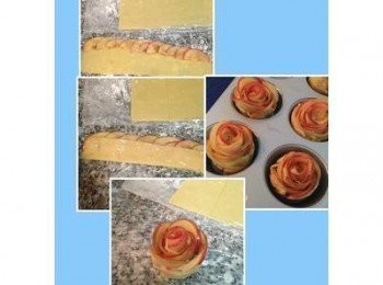 step6: 取一長條薄片,依續將蘋果片排上,蘋果有1/3是在塔皮外的,而第一片與第二片蘋果間則約有1/2是重疊的,以此類推. 排完後將塔皮對摺蓋住蘋果的1/3後,手沾一點點乾粉,慢慢捲起來，由於塔皮鬆軟不好卷，所以下方撒些乾的低粉會幫助不沾黏操作檯，而且捲到破裂也沒關係，可以用剩餘的塔皮做修補即可。