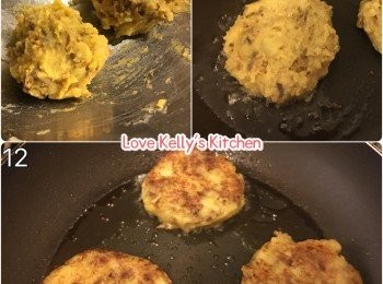 step4: 整成圓形狀再用鑊鏟或匙羹壓平，放在平底鑊煎香便完成