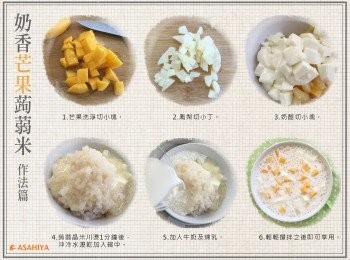 step2: 1.芒果洗淨後去皮切小丁。 2.鳳梨片切小丁。 3.奶酪切小塊。 4.蒟蒻晶米川燙1分鐘後，沖冷水瀝乾。 5.取一容器加入所有材料，加入牛奶及煉乳。 6.輕輕攪拌之後即可享用。