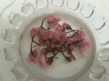 step1: 櫻花漬用水泡去鹽粒，沖洗三次後用吸水紙吸走水份