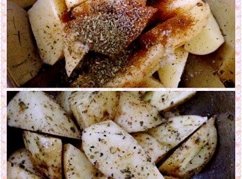 step1: 薯仔洗淨，切塊，放入盤中，加入調料撈勻