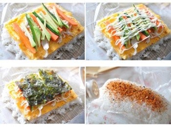 step4: 先將壽司米鋪好，再鋪上蛋皮，接著放上紅蘿蔔條、小黃瓜條以及美國酪梨條，然後擠上適量的沙拉在擺上海苔片，接著將壽司米飯糰緊緊捲起塑形，最後在表面灑上七味粉與肉鬆