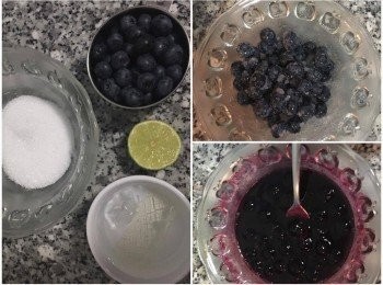 step2: <span class="group_3">藍莓醬</span>: 
吉利丁泡可食用的冰水軟化(如用吉利粉則請用8g的水泡發。 藍莓+糖+檸檬汁 混勻 微波1分30秒(或者略煮至湯汁微滾亦可) 再加入泡過的吉利丁或吉利粉 攪拌到吉利丁完全溶解。