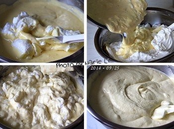 step6: 挖一些蛋白霜加進《乳酪餡》中拌勻
再將所有的《乳酪餡》倒進剩餘的蛋白霜中
用刮刀仔細輕柔的切拌均勻即可。