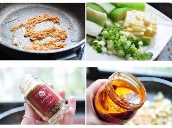 step4: 以原鍋倒掉多餘的水份，接著以小塊奶油熱鍋，放入豆酥煸香後，再放入蔥花及豆腐丁滾煮，最後放入辣油及7味粉調味滾煮