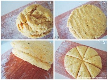 step2: 1）用手将面团形成球状。2）使用手按压或以擀面杖将面团擀成1公分的厚度。3） 把面团切割成半，重叠，将两份面团压缩在一起。（此步骤重复两次）4）再次将面团分割成8等份。