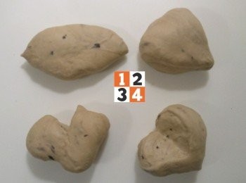 step2: 麵團先桿平，折三折桿平重複二次後，等分四塊，整形發酵