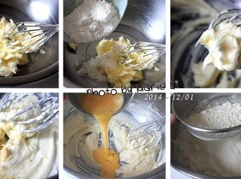 step2: 將軟化的無鹽奶油用打蛋器拌開
倒入糖粉與香草粉一起攪打成乳霜狀
加進一小撮鹽和起士粉一起拌勻
隨後慢慢倒入蛋液，邊倒邊攪拌使其均勻
最後再將麵粉分次篩進鋼盆裡拌勻