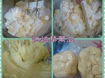 step1: 1.麵粉及杏仁粉泡打粉.小蘇打粉.塩混勻並過篩
2.奶油軟化加糖粉打發至變淺色有澎鬆感
3.分二次加入蛋每一次都要拌至勻再加下一個
4.加入過篩麵粉及杏仁粉及塩拌至勻無粉粒用切拌及按壓喲,用保鮮膜塑至成團,
5.取部份麵糰約1/3,加可可粉(先與牛奶調勻再加入麵糰),揉勻可可用保鮮膜塑成團包好