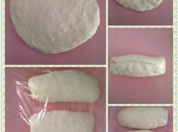 step6: 5..  將中間發酵好的麵團用手指輕壓麵團排掉大氣泡，然後將麵團整理成長條形，蓋上保鮮紙，放置鬆弛15分鐘。