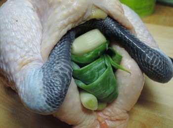 step2: 雞肚子裡塞入蔥與蒜頭