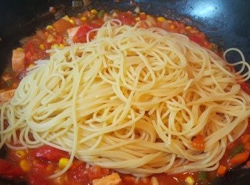 step8: 將剛煮好的意粉，盛起後立即放入三文魚茄醬中。