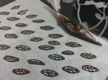 step14: -我今次用咗簡約的裝飾， 先切件， 再用打起的淡忌廉唧花， 再放上用座溶了的朱古力劃成的葉型裝飾便完成。