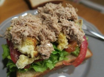 step4: 再鋪上嫩蛋最後壓上鮪魚.再疊上生菜