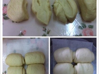 step3: 把麵團平均分成9份，每份約38g左右。
壓成長形，然後捲起，重複動作做完為止。把麵團排在一起進行第2次發酵，約25分鐘左右至麵團雙倍大