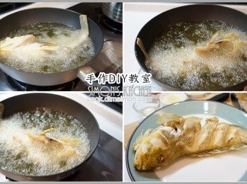 step3: 等到確定魚皮炸到都不會黏鍋底的程度，直接將整尾魚
下鍋以約180度C的高溫油炸約5~6分鐘，至魚表皮酥脆
呈金黃色撈起瀝乾備用。