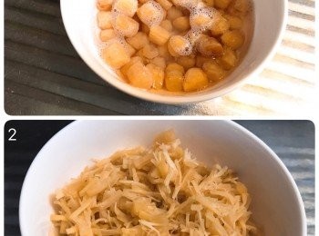 step2: 瑤柱加入適量米酒，用蒸爐100度/大火蒸15分鐘，然後撕開一條條備用；
