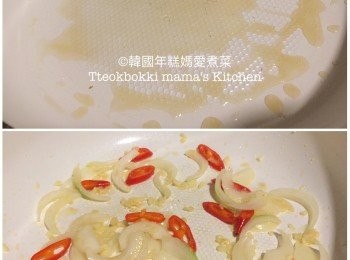 step2: 熱鑊下麻油炒香蒜蓉、洋蔥、红辣椒，