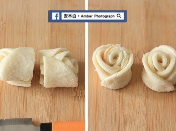 step4: 捲起來的吐司捲，從中間切成二半(左圖)。二朵玫瑰花吐司完成，可稍加整理一下花瓣(右圖)。