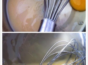 step1: 取出一個乾淨的容器，把蛋和煉乳加入。
以手握打蛋器，攪拌至起小泡。