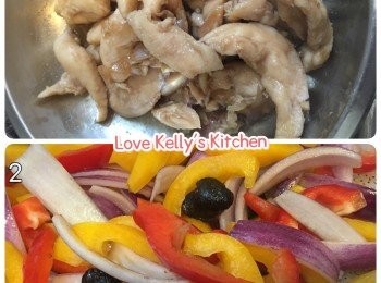 step2: 黑蒜去外皮切片，彩椒和紅洋蔥切條狀備用；