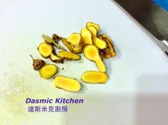 step2: 香菇 (不用清洗！)去除蒂頭、切成4塊；薑黃洗淨、切片