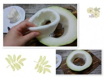 step3: 除核後由內圈切出約1cm厚的瓜肉

將切出的瓜肉切成小丁粒備用