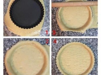 step5: 最後將派皮壓桿成一個比派模要大一些的圓型,用桿面棍取起派皮放入模具中,其間如有破洞可取多餘的麵糰壓補即可.派皮弄好後在派皮上用叉子叉些小洞透氣避免烘烤時膨脹,接著放入冷藏並預熱烤箱到160度. 多餘的派皮可以用模型壓成小餅乾，ㄧ起進烤箱烤。