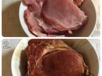 step1: 豬扒用調味料醃30分鐘，煮好白飯備用；