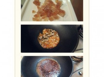 step4: 煮粉圓的空檔來炒糖水.冰糖3大匙小火融化.慢慢從鍋邊倒入100CC熱水.煮滾即可