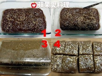 step8: 放涼切塊：將保鮮盒從電鍋取出放涼，用牛排刀輕輕地在黑糖糕的四周劃一圈，倒扣取出，切塊即可享用。