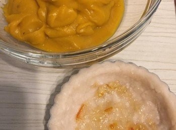 step4: 南瓜蒸熟搗成蓉，放進攪拌機，加入燕麥奶、糖、粟粉、肉桂粉及鹽 拌勻。 倒出南瓜餡料備用。